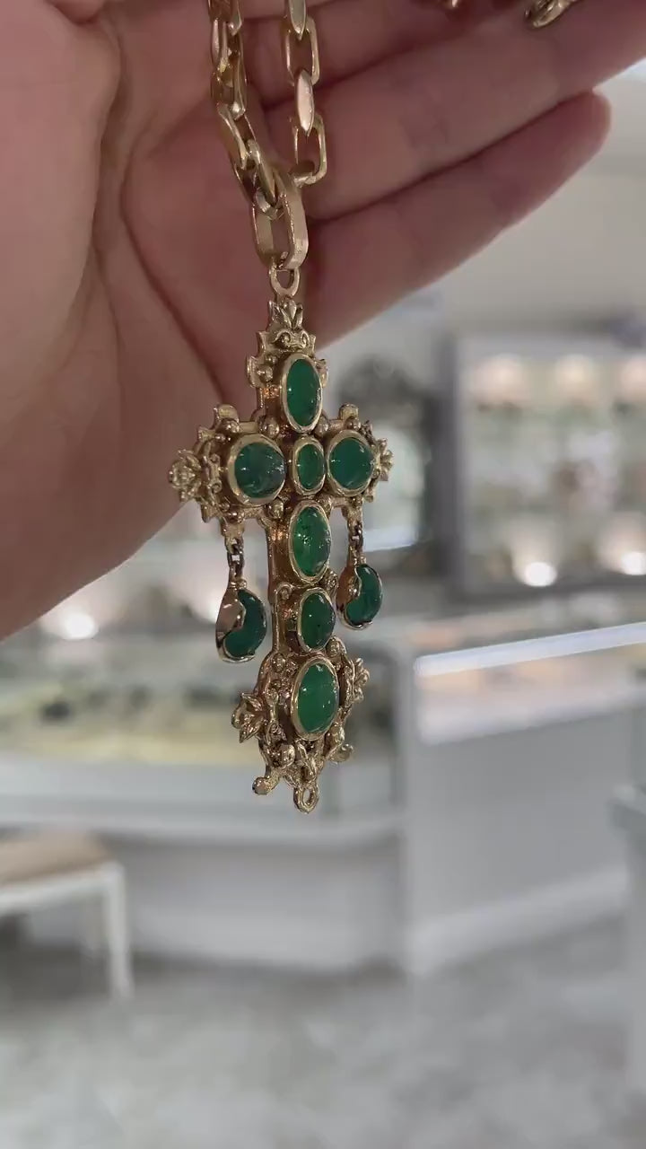 22.19tcw 14K Atocha Replica Natural Nuestra Señora De Emerald Cabochon Gold Cross Pendant