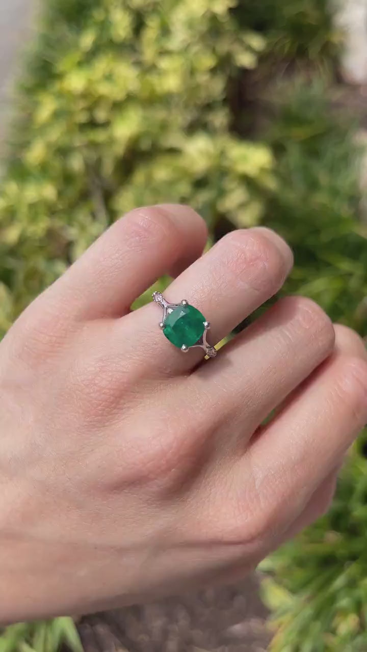 Regal Floral Engagement Ring Featuring 2.73ct Dark Green Cushion Cut Emerald