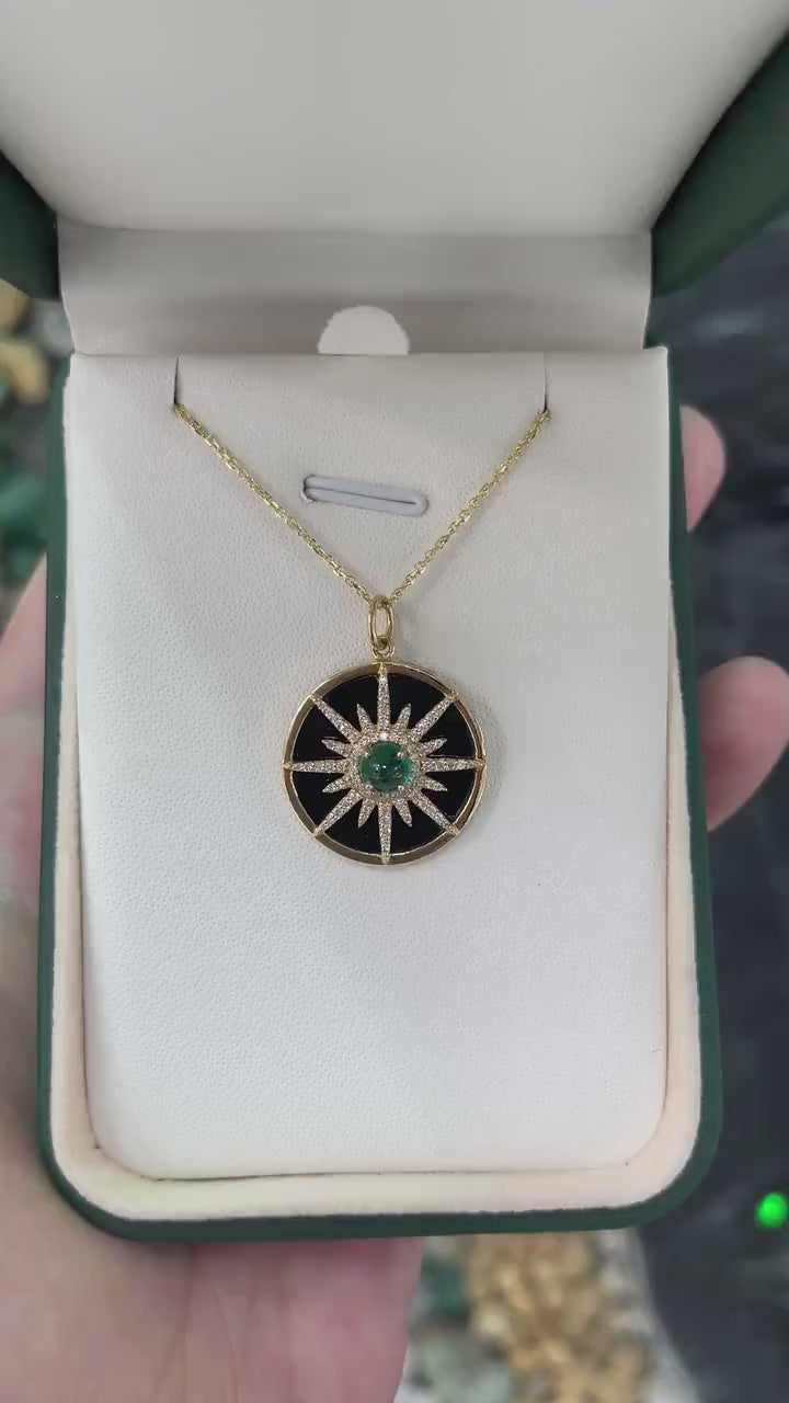 0.38-Carat Emerald Cabochon Pendant Necklace in 14K Gold with Black Onyx and Emerald