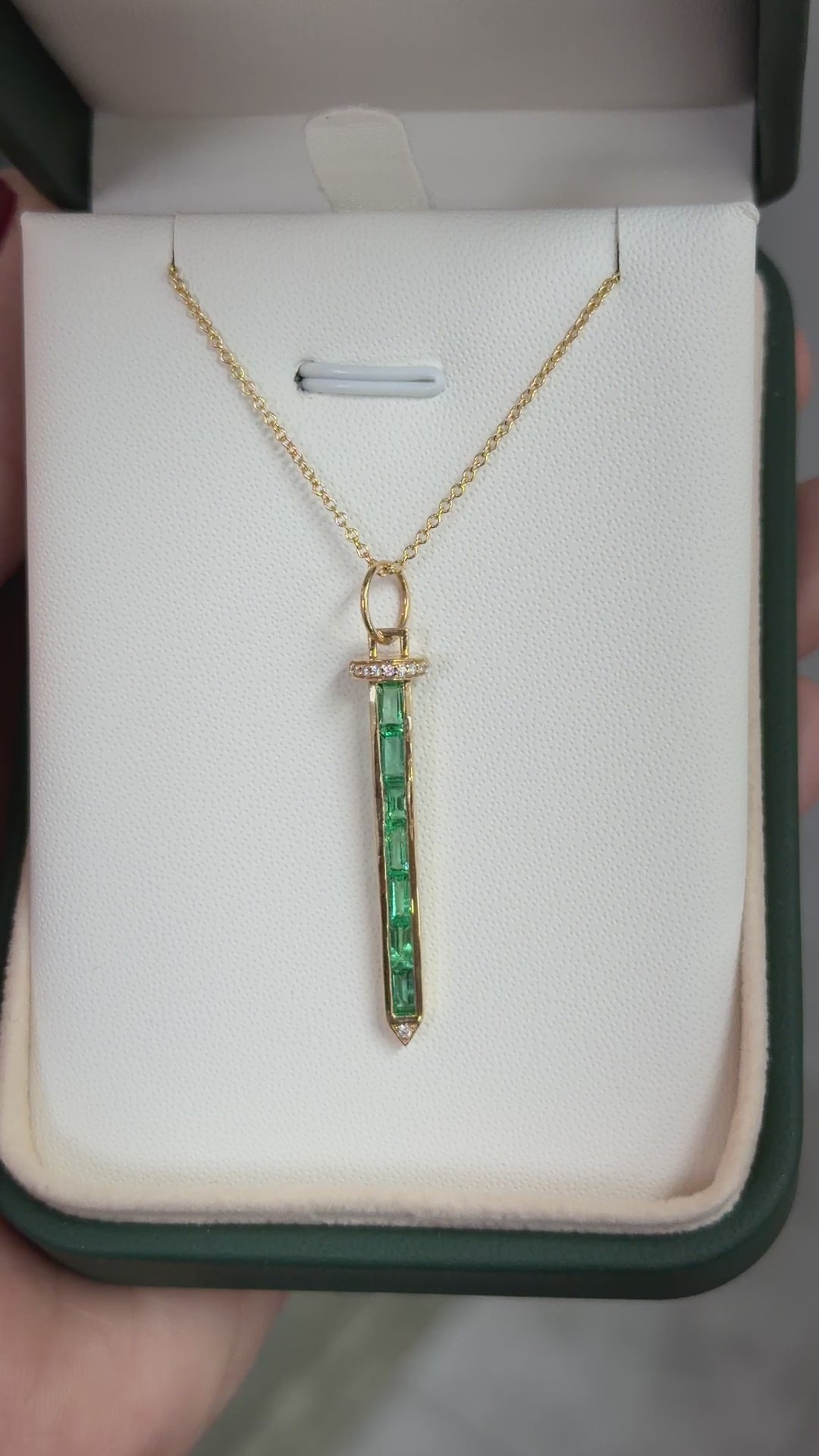 Emerald Baguette & Round Diamond Sword Channel Set Necklace 14K Gold