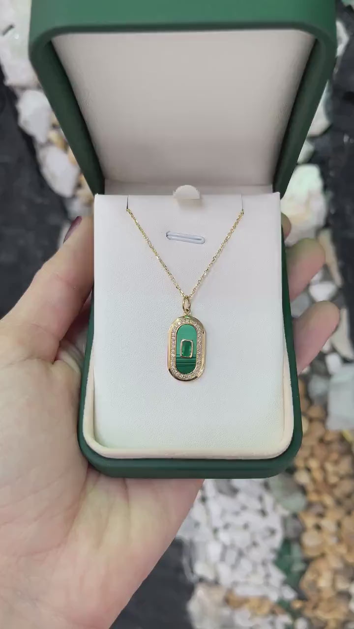 14K Gold Oval Pendant Necklace with 3.98tcw Emerald, Diamond, and Malachite