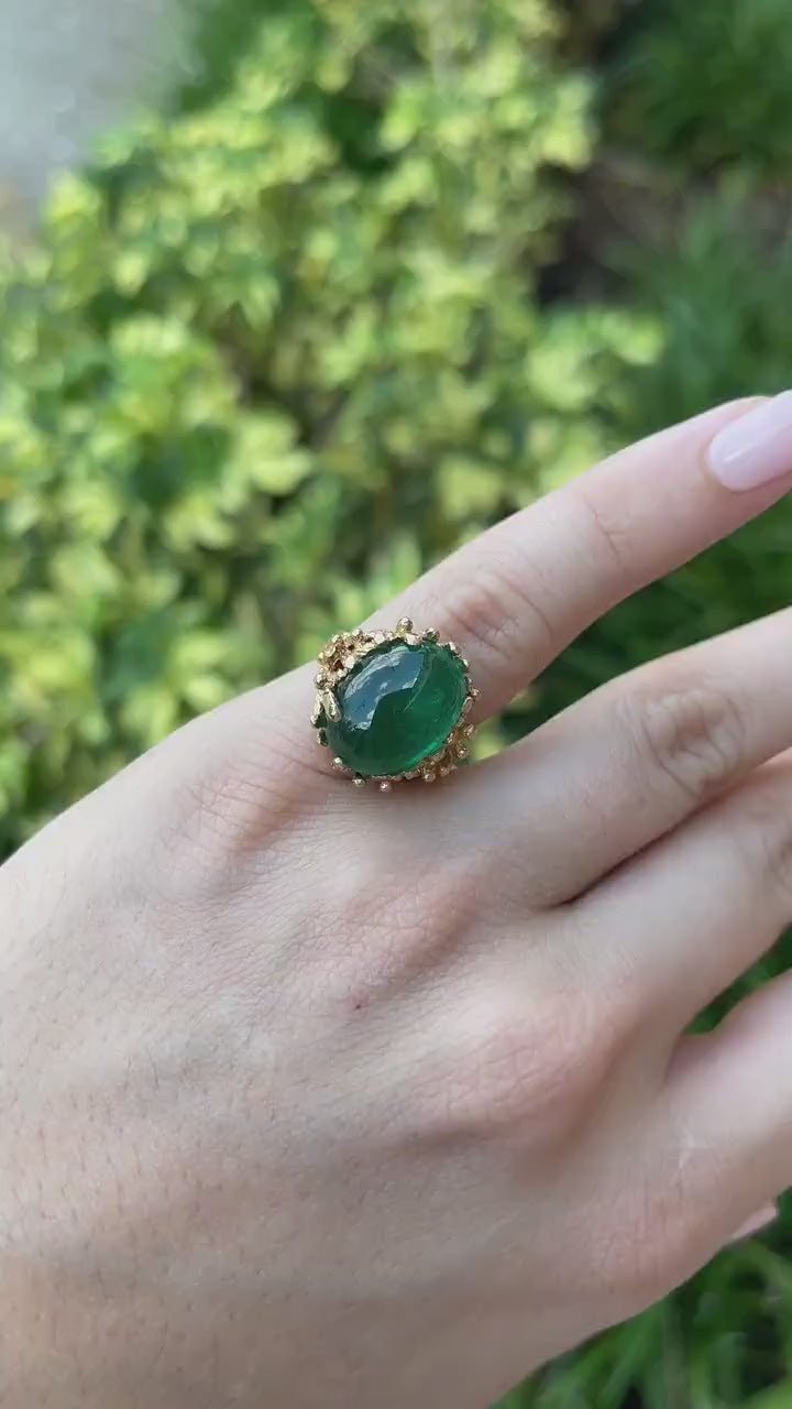 12ct 14K Dark Green Natural Oval Cabochon Cut Emerald Solitaire Gold Nugget Zambian Statement Ring