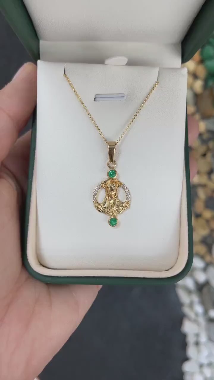 0.52tcw 18K 750 Yellow Gold Vivid Medium Green Round Cut Emerald & Diamond Virgin Mary Pendant