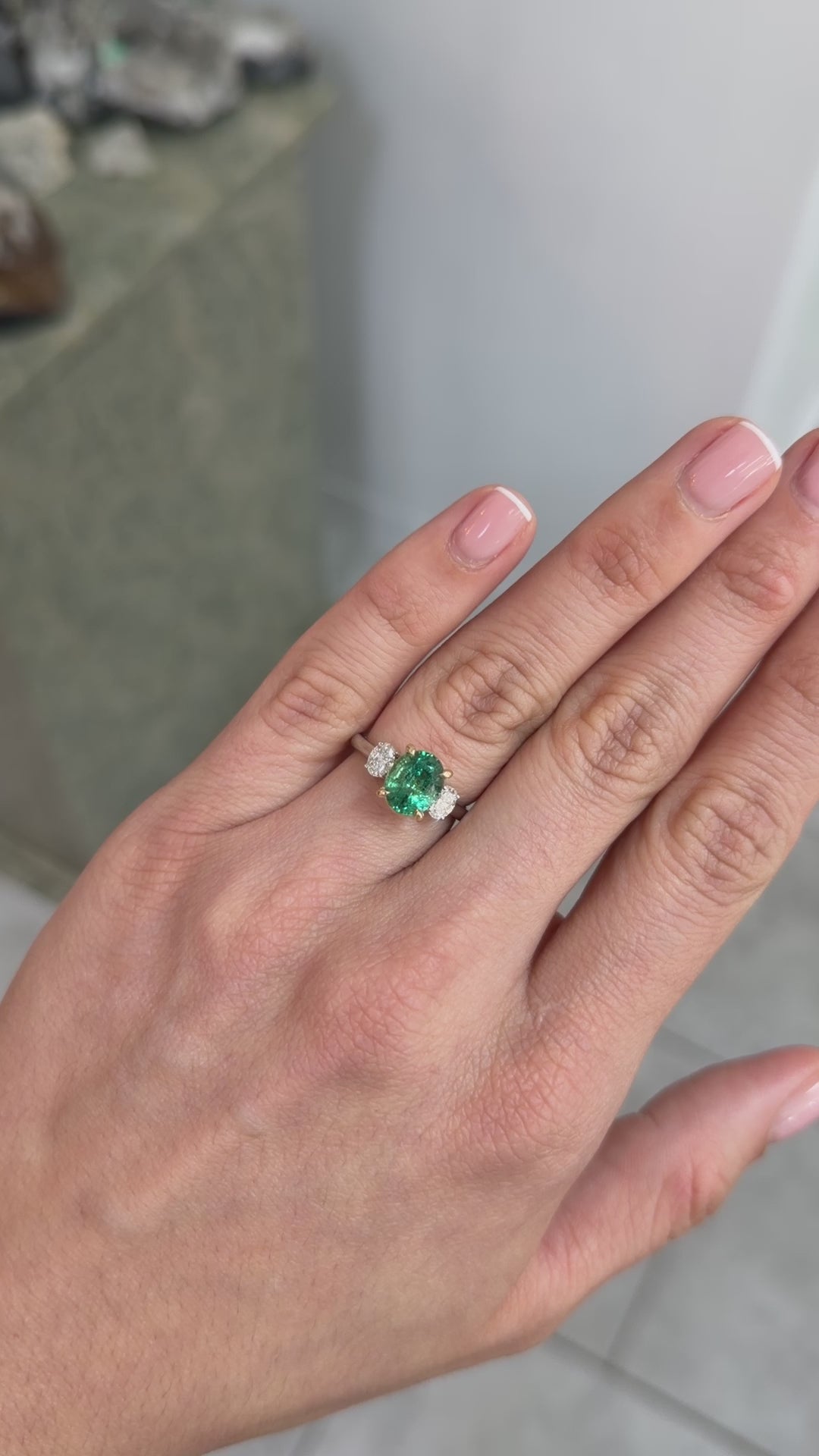 2.19tcw Vibrant Oval Emerald & Oval Lab Diamond Three Stone