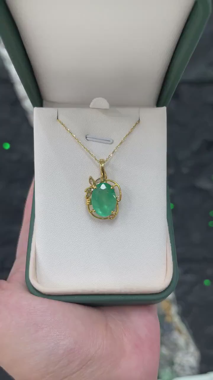 Floral Pendant in 14K Gold with Medium Green Colombian Emerald and Diamonds – 7.97 Total Carat Weight