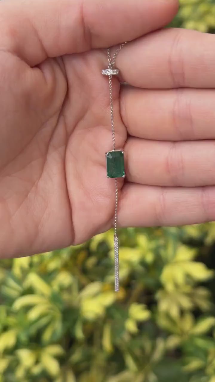 Natural emerald and diamond lariat necklace in 14K white gold with 3.25 total carats, timeless beauty from JR Colombian Emeralds.
