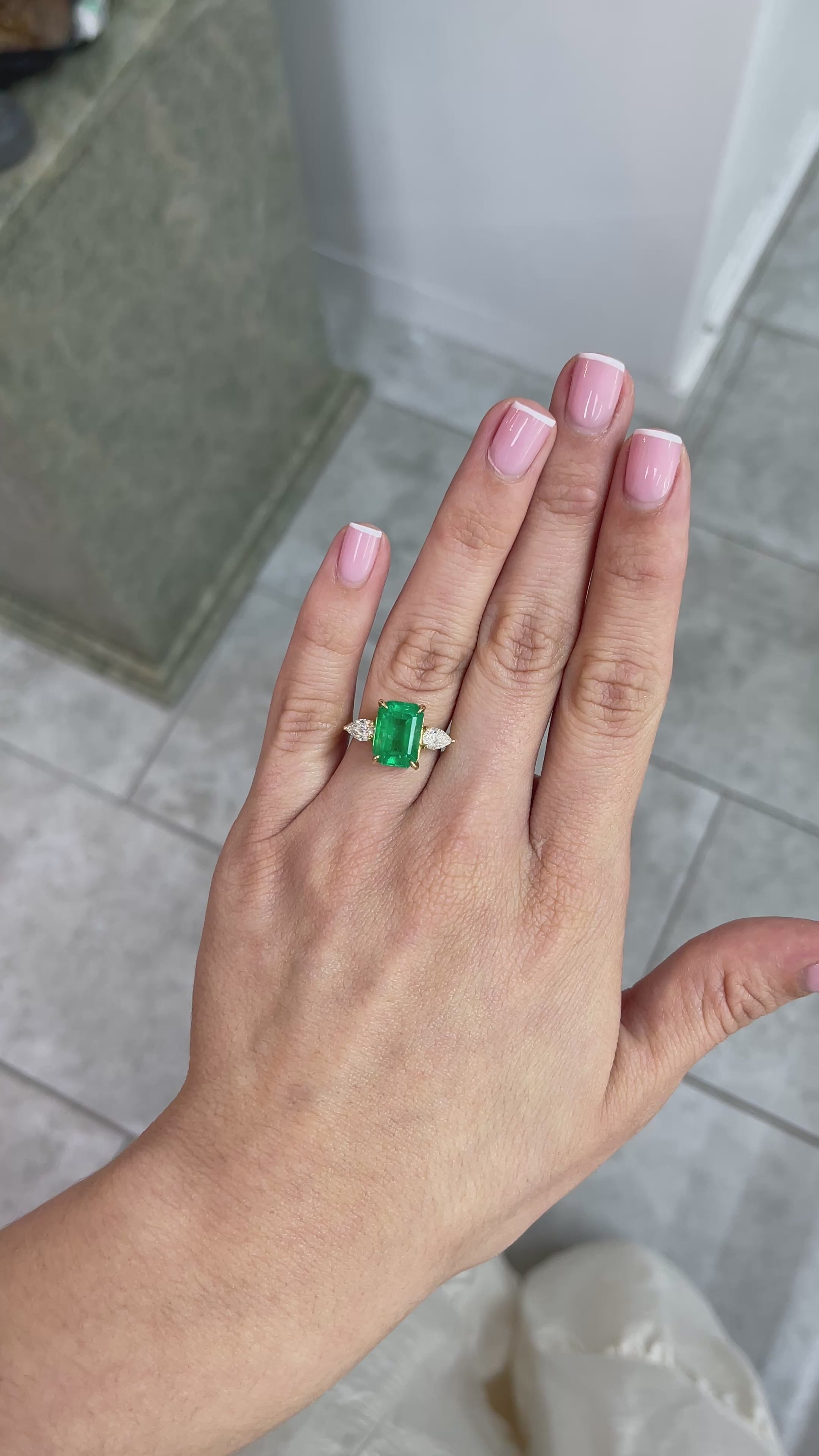 6.05tcw 18K Gold Crazy Rich 3 Stone Asians Emerald & Pear Diamond Ring