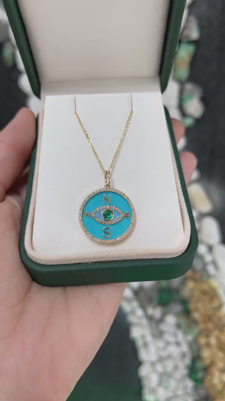 14K Turquoise Compass Evil Eye Pendant Necklace with Natural Emerald & Diamonds