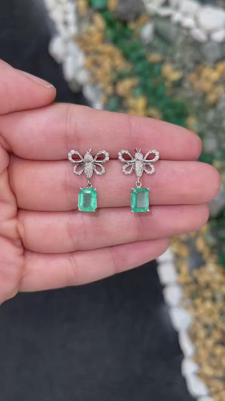 4.10tcw 14K Gold Lush Medium Green Emerald Pave Diamond Butterfly Dangle Earrings