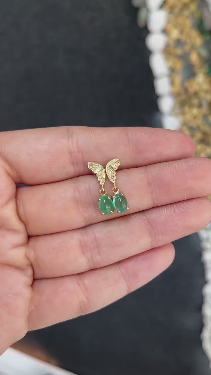 2.05tcw 14K Green Cabochon Oval Cut Emerald Half Butterfly Dangle Earrings