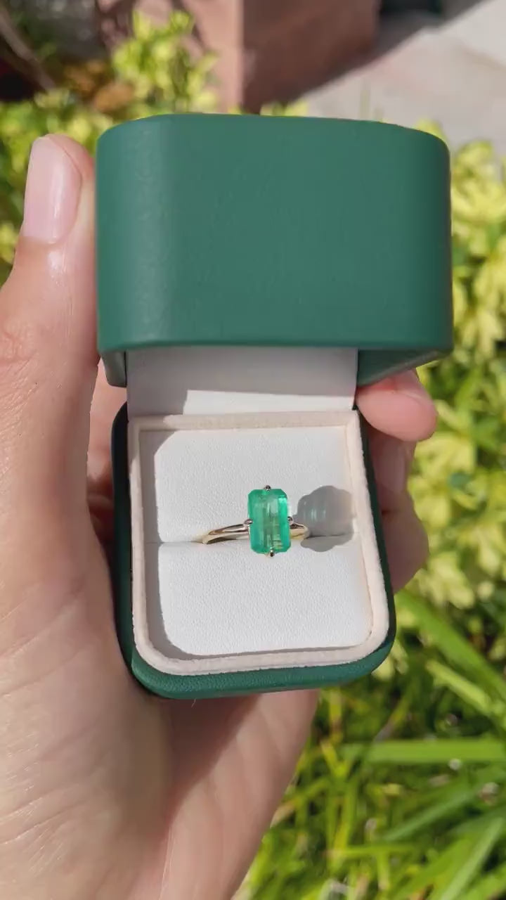 3.10ct Colombian emerald solitaire engagement ring in 14K gold with vibrant green center stone by JR Colombian Emeralds