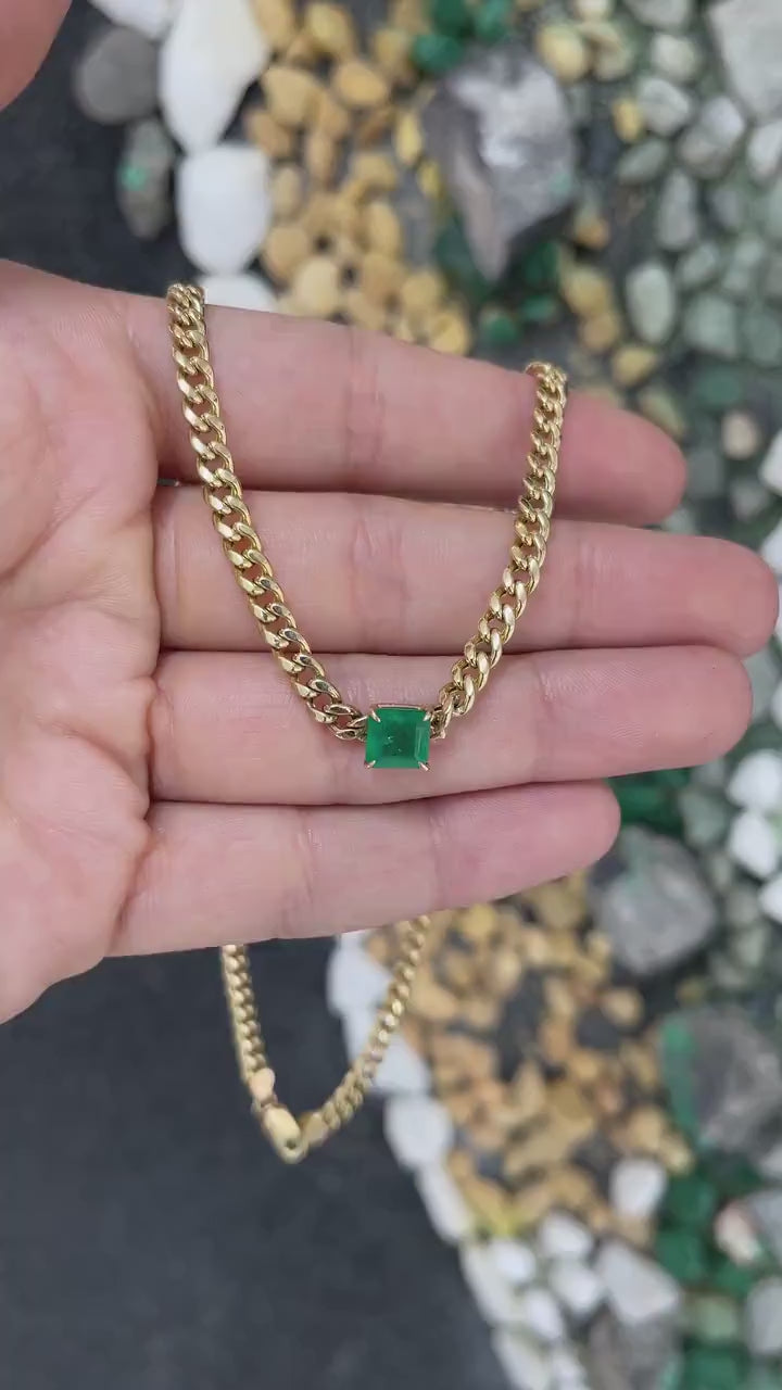 1.84ct 14K Gold Asscher Cut Cuban Link Curb Chain Emerald Chocker Necklace