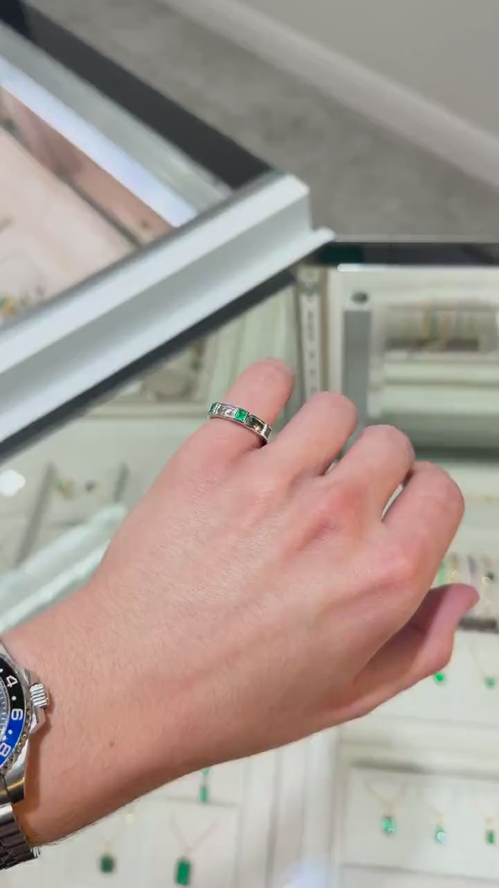 14K gold three-stone emerald ring for men with deep green princess-cut gems, from JR Colombian Emeralds