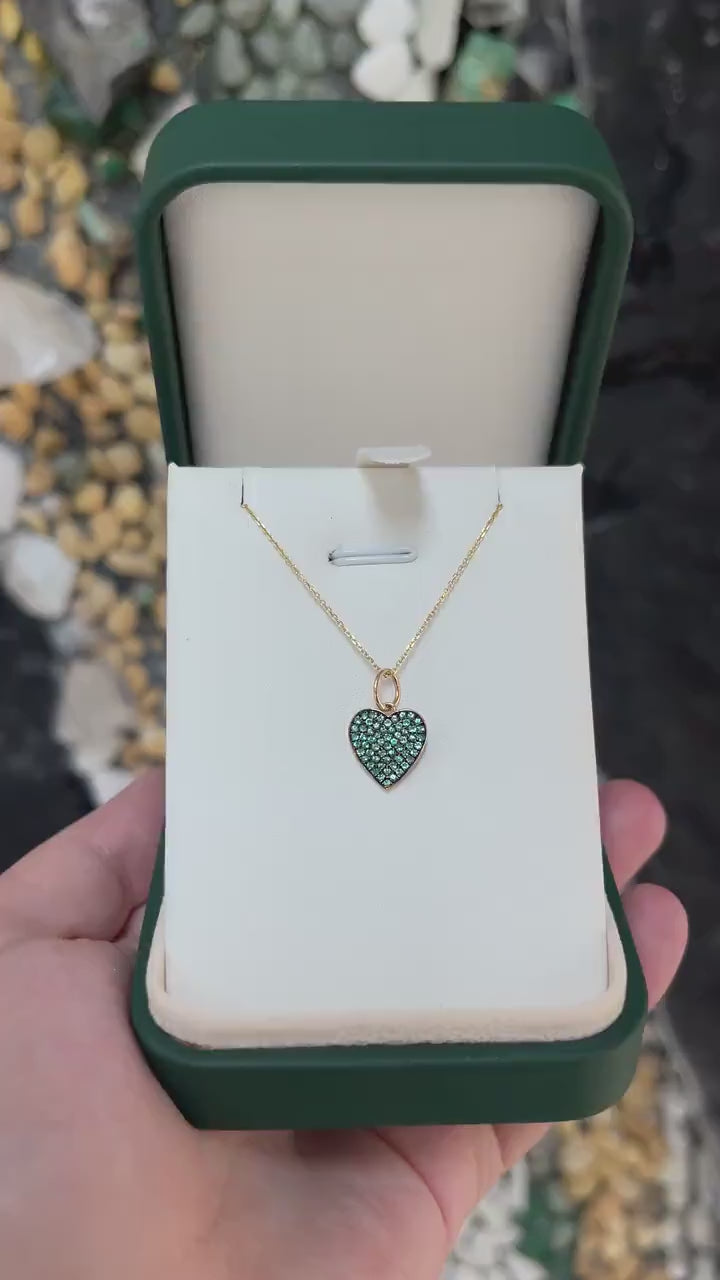 14K Gold Emerald Heart Charm Pendant with Black Rhodium and Round Diamonds, 0.30tcw