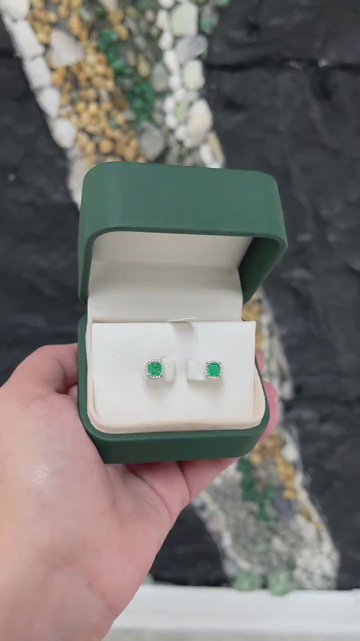 Elegant 14K Emerald Halo Earrings with Asscher-Cut Diamonds – May Birthstone Design