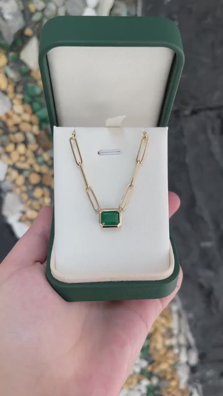 14K Paperclip Necklace with 2.58ct Natural Dark Green Emerald Solitaire