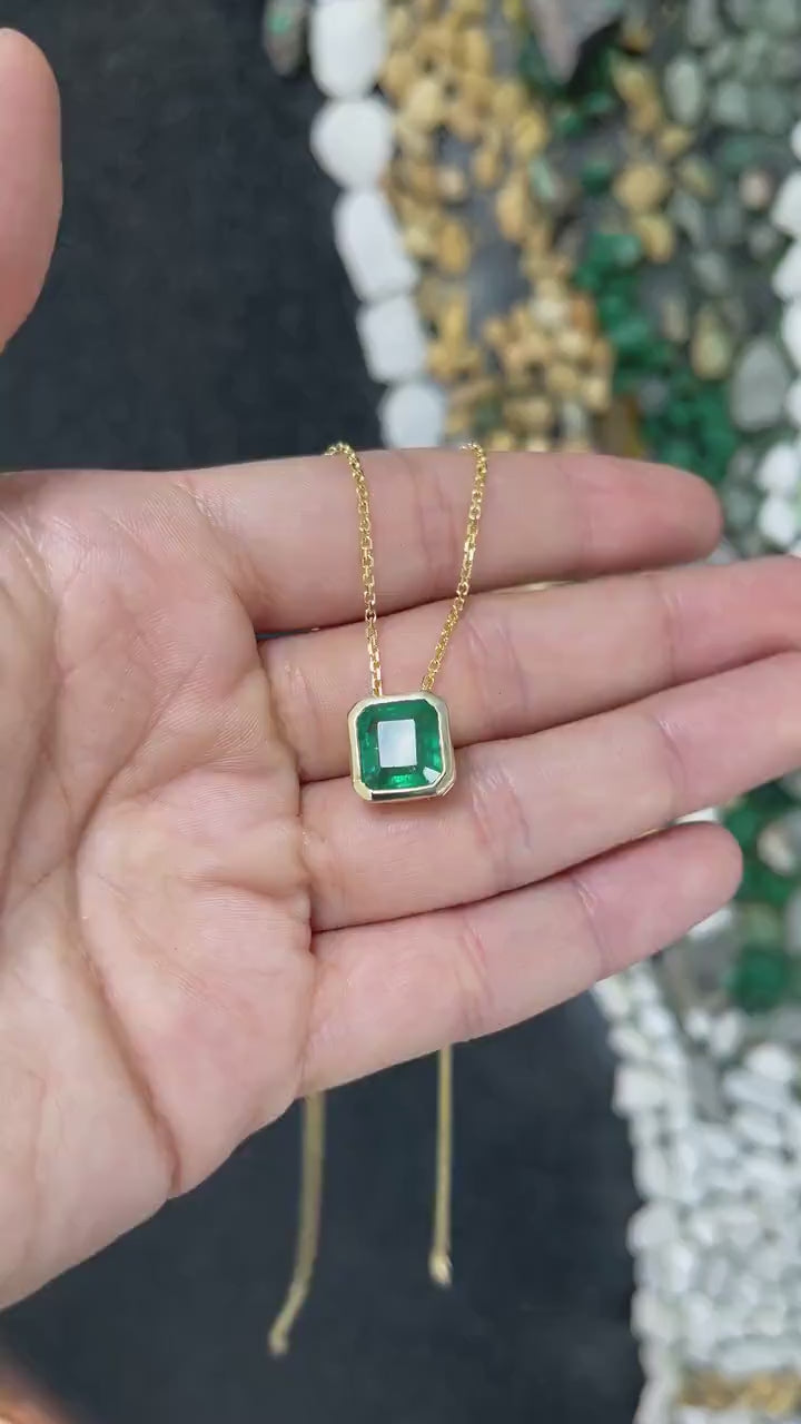 4.40ct 14K Gold Natural Asscher Cut Medium Dark Green Emerald Solitaire Gold Pendant Necklace