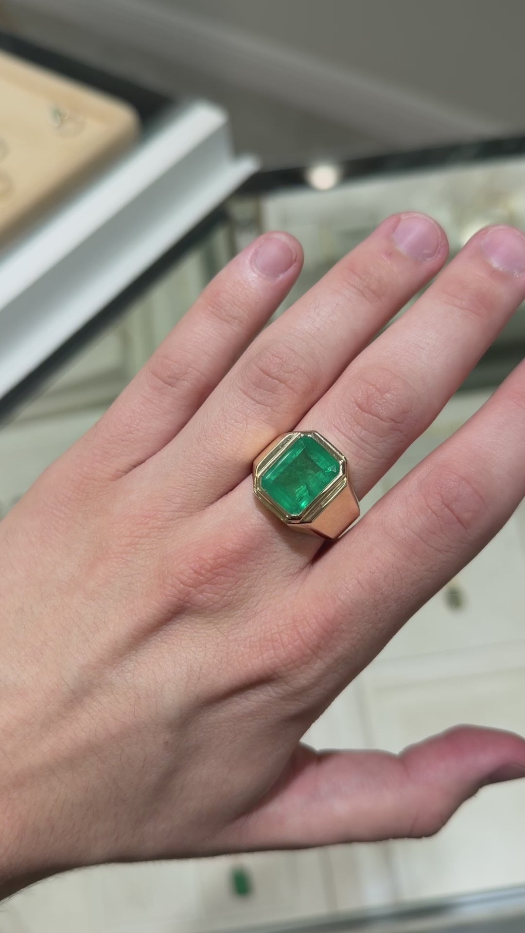 9.64ct 14K XL Bezel Set Emerald Cut Emerald Men's Signet Ring