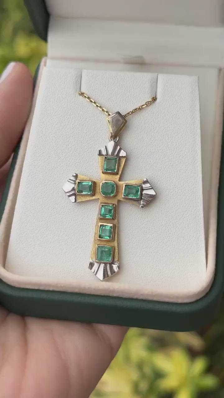 Two-Toned Emerald and Asscher Set 2.55tcw 18K Gold Cross from Pre-Columbian Era