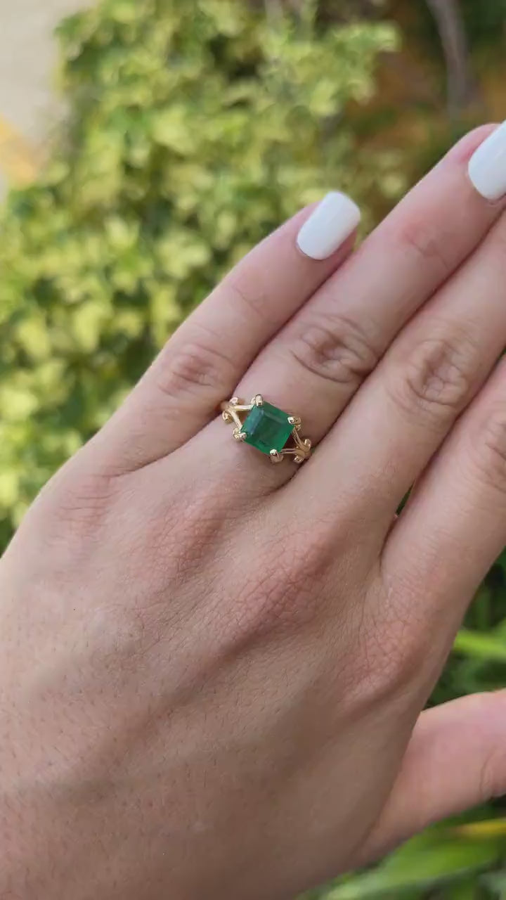 2.63ct Asscher cut emerald ring for ladies in 14K gold with classic four-prong vintage design, JR Colombian Emeralds