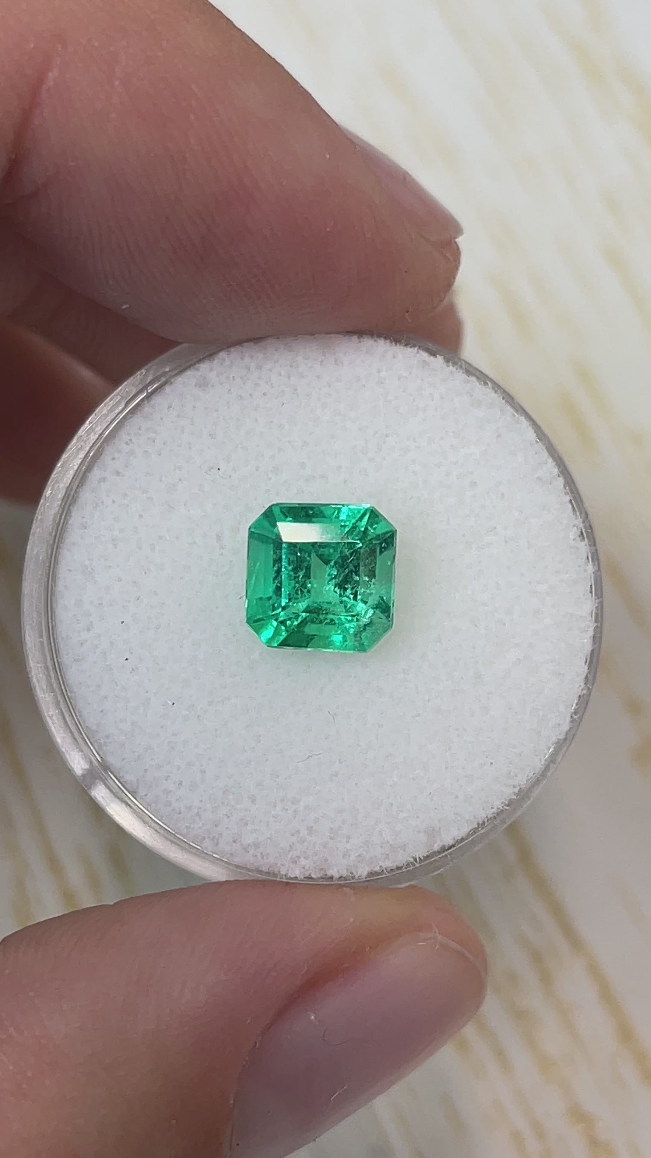 1.64 Carat 7.4x7.3 Yellowish Green Asscher Cut Natural Unset Colombian Emerald