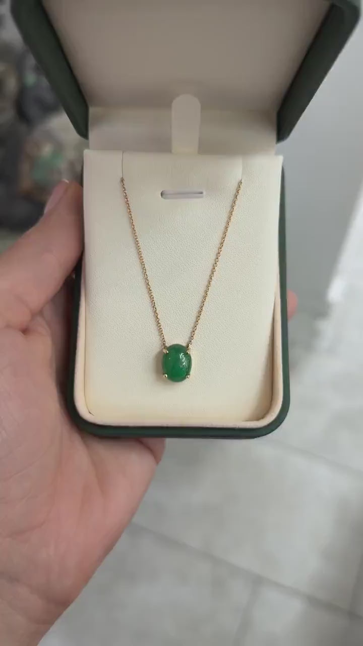 14K gold pendant necklace with 5.50tcw Zambian emerald cabochon, prong station design, crafted by JR Colombian Emeralds