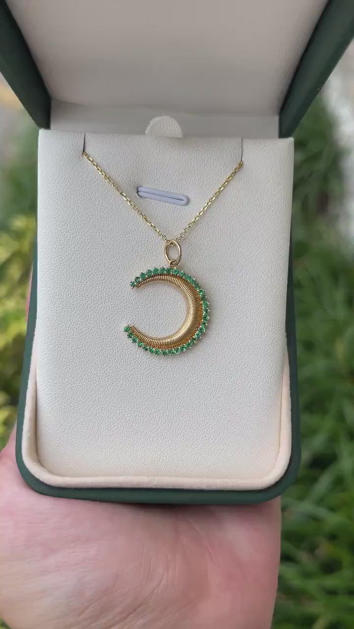 Elegant 0.52tcw 14K Gold and Emerald Half Moon Pendant Necklace - Petite Round Cut Design