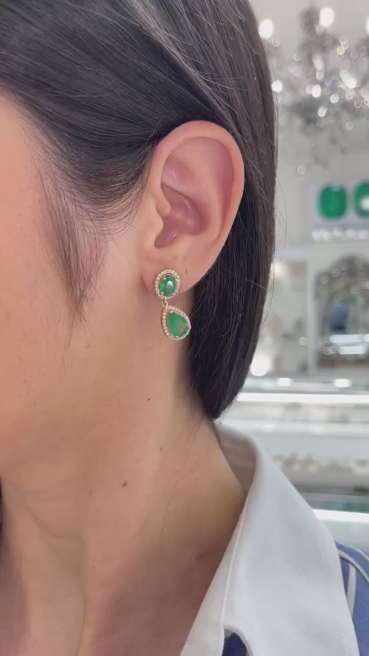 Elegant 14K Gold Halo Earrings Featuring 5.40tcw of Oval and Pear Cut Emeralds and Diamonds