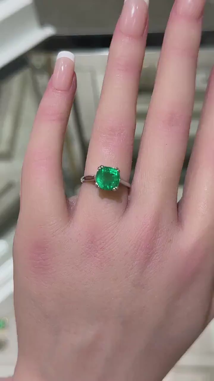 Elegant 14K White Gold Solitaire Ring with a 2.42ct Natural Cushion Cut Emerald in a Double Prong Setting