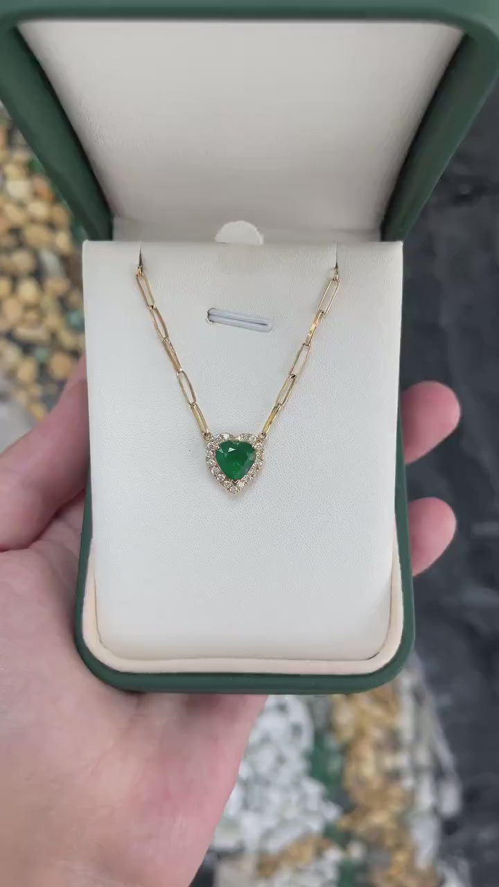 14K Gold Dark Green Heart-Cut Emerald and Diamond Halo Pendant Necklace 2.0tcw