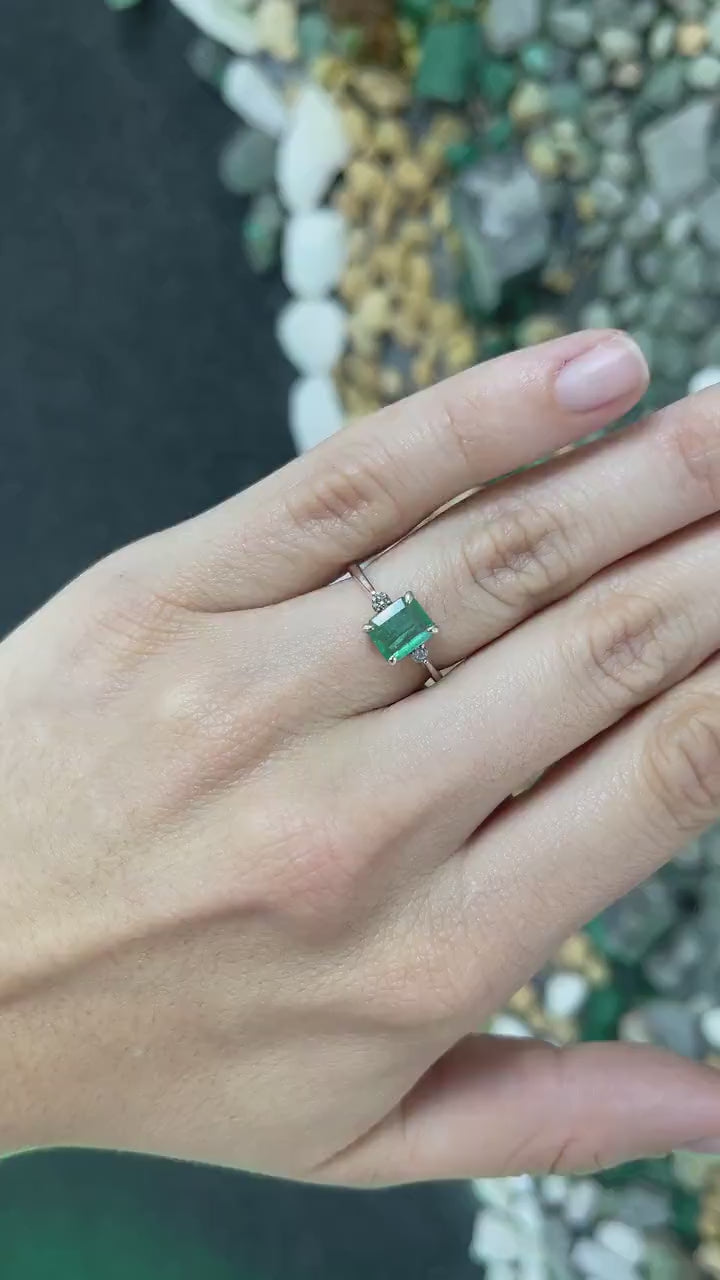 1.52 Carat Total Weight Sterling Silver Ring Featuring Authentic Emerald and Salt & Pepper Diamond Accents