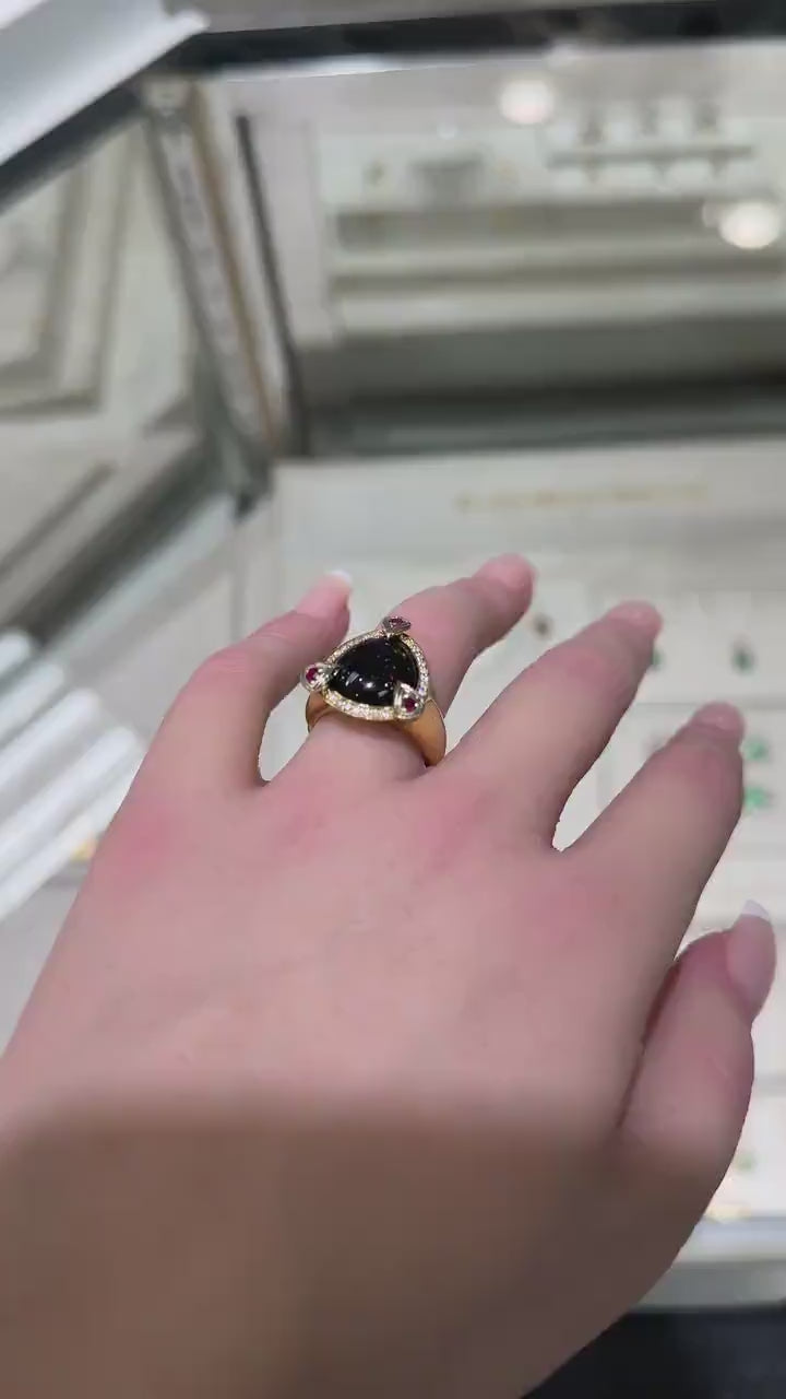 Luxurious 18K Gold Cocktail Ring with Dark Opal and Ruby 12.5 Grams