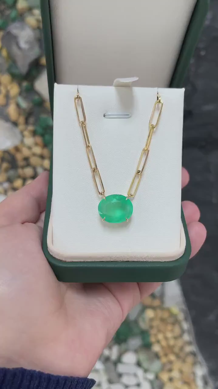 Large Oval Colombian Emerald 12.41ct 14K Gold Paper Clip Necklace