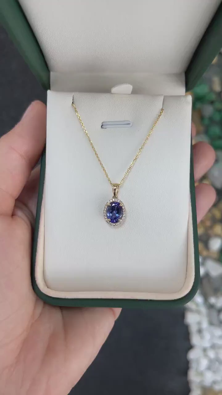 1.70tcw 14K 585 Gold Intense Purple Oval Cut Tanzanite & Diamond Halo Pendant Necklace