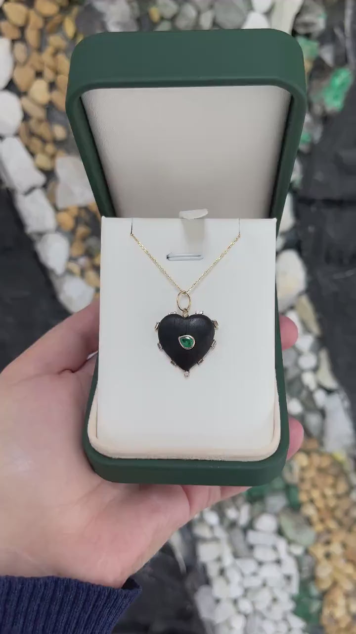 Heart-Shaped Ebony Wood Pendant with 0.84tcw 14K Gold Natural Pear Cut Emerald