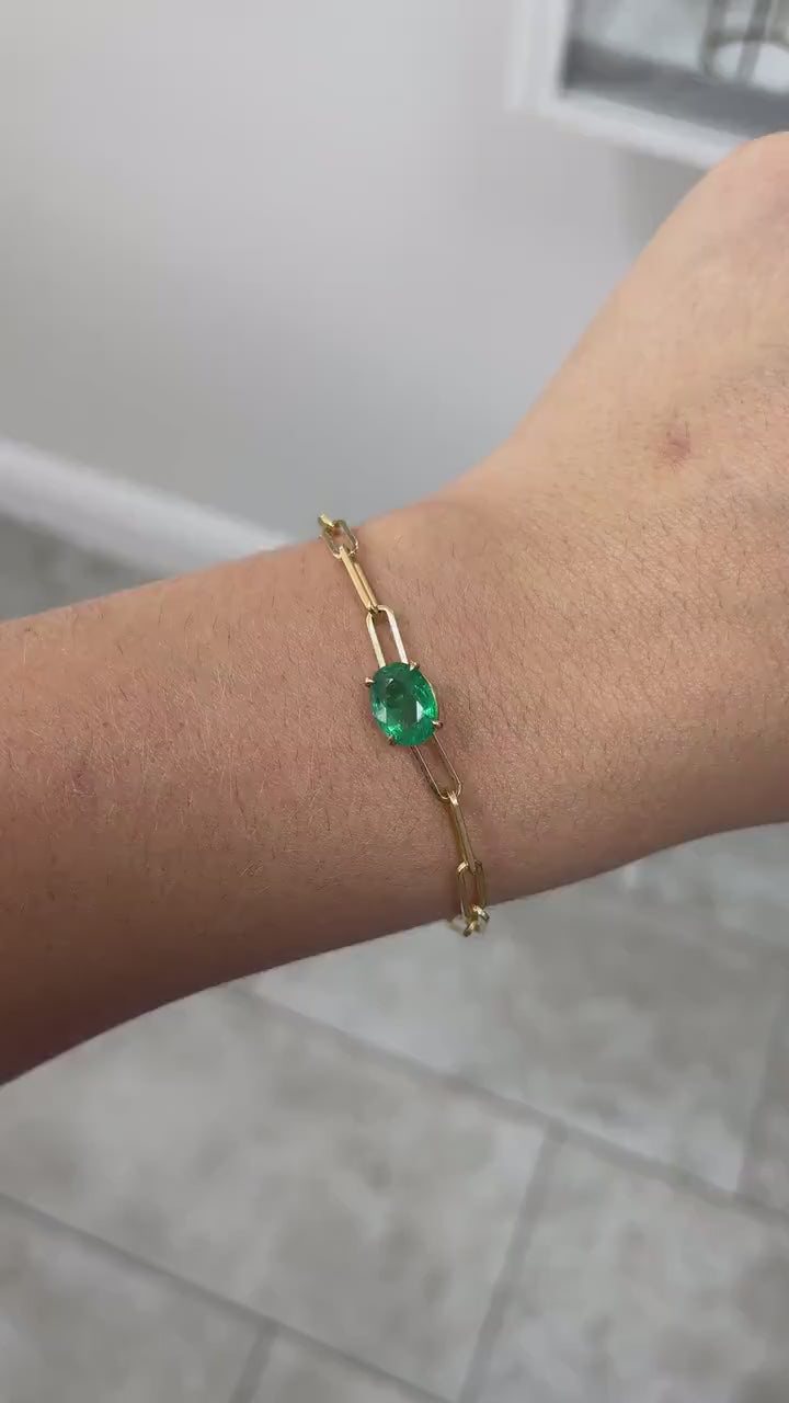 Paperclip Style 14K Bracelet with 2.65ct Oval Cut Emerald in 4 Claw Prong Setting