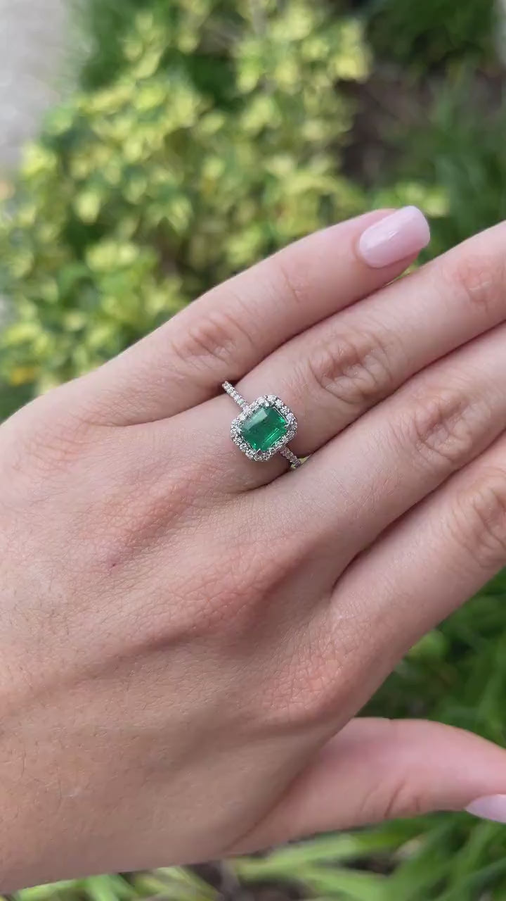 1.81tcw 14K Gold Lush Rich Green Emerald Cut Diamond Halo Shank Accent Engagement Ring