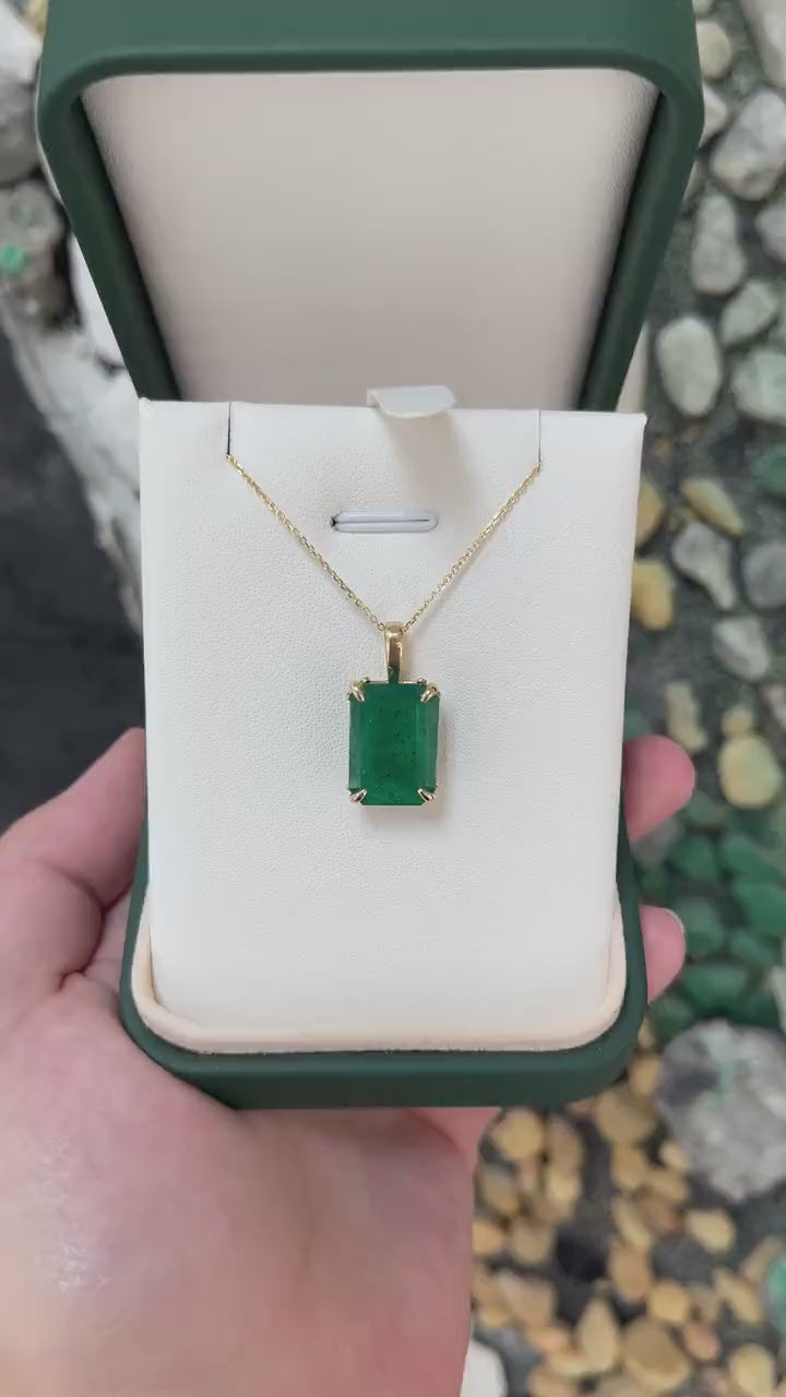 14K Four Prong Basket Pendant with 6.09ct Deep Green Emerald Cut Emerald