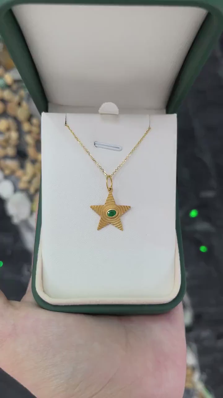 Textured Gold 0.19ct Emerald Star Pendant in 14K