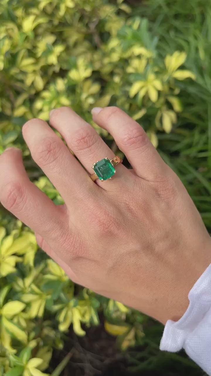 4.48ct Organic Emerald Ring in 14K Gold - Dark Green Asscher Cut Design