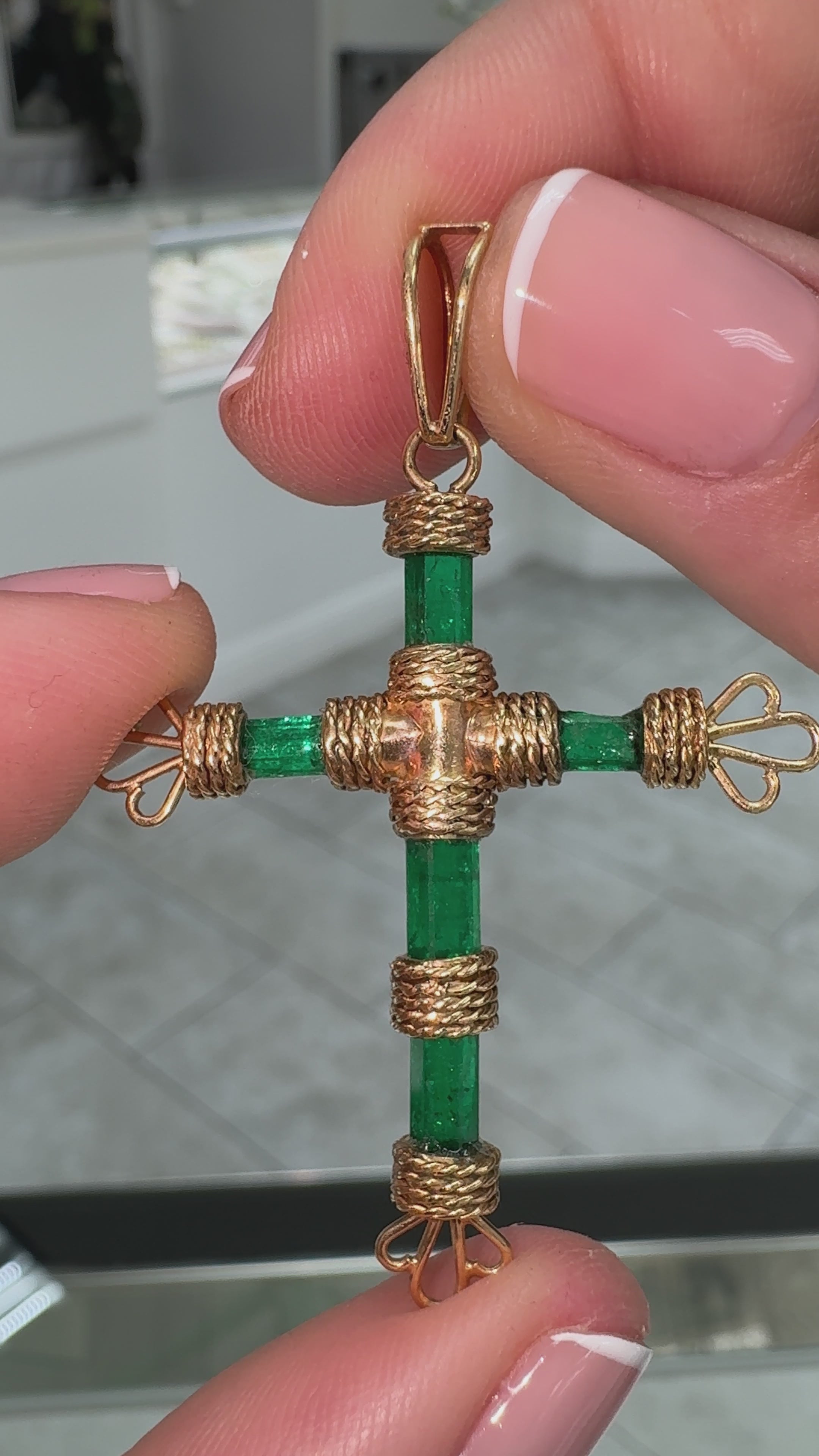 7.69tcw 18K Gold Rough Colombian Emerald Pendant Crystal Cross Pendant