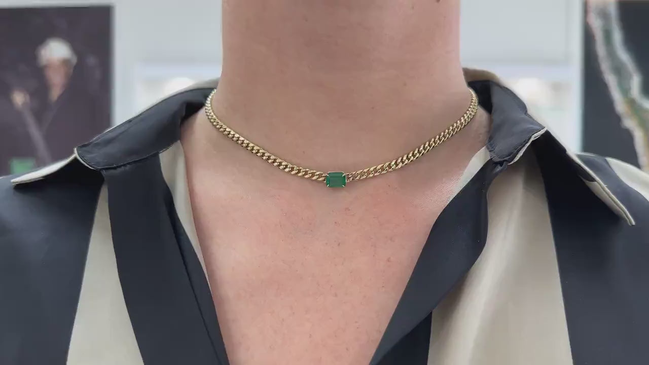 1.90ct 14K Gold Rich Dark Green Emerald Cuban Link Chain Necklace