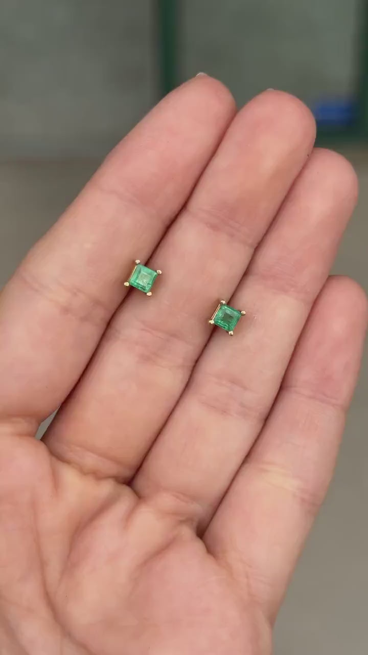 0.80tcw 14K Princess Cut Four Prong Set Emerald Lush Deep Green Asscher Baby Studs Earrings