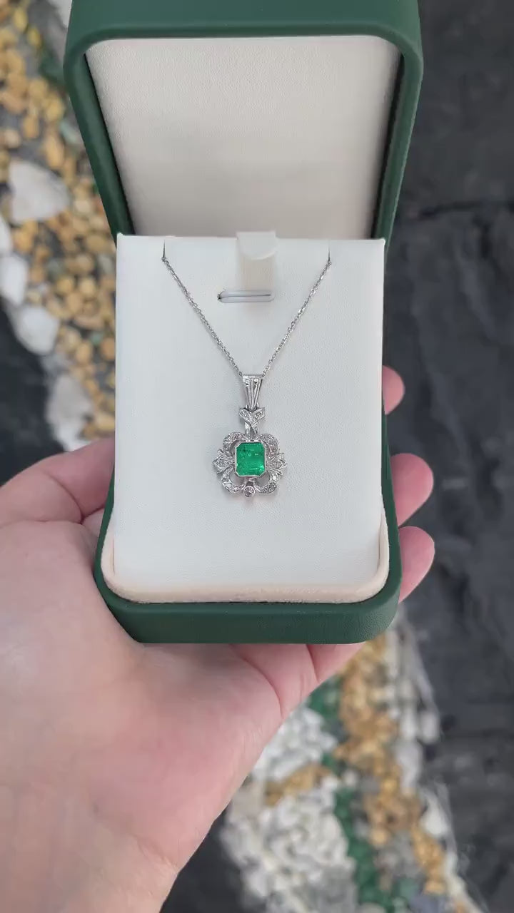 Vintage Colombian Emerald Necklace with Diamond Accent and 14K Gold Bezel Setting