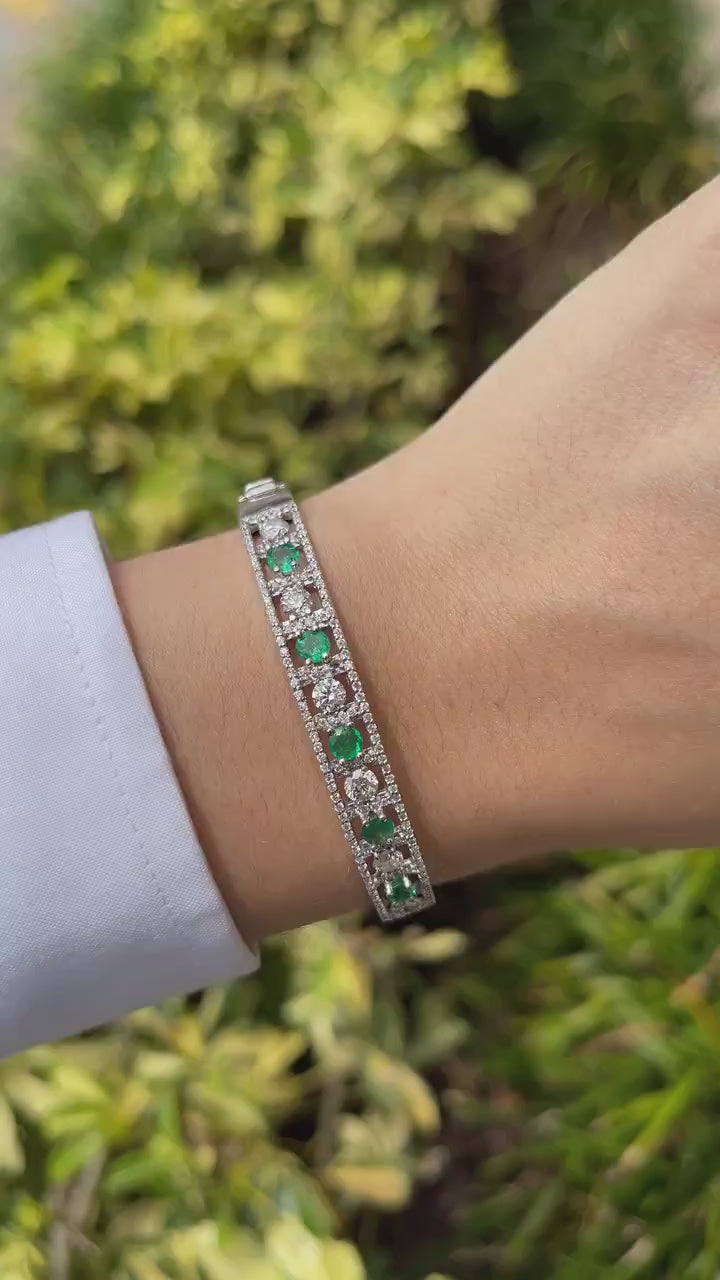 Elegant 3.50tcw Emerald and Diamond Cuff Bracelet in 18K White Gold