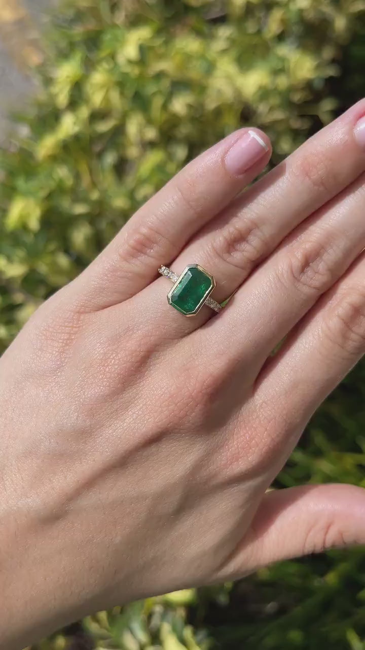 Stunning 3.59tcw Engagement Ring with Green Emerald Cut and Diamond Details in 14K Gold