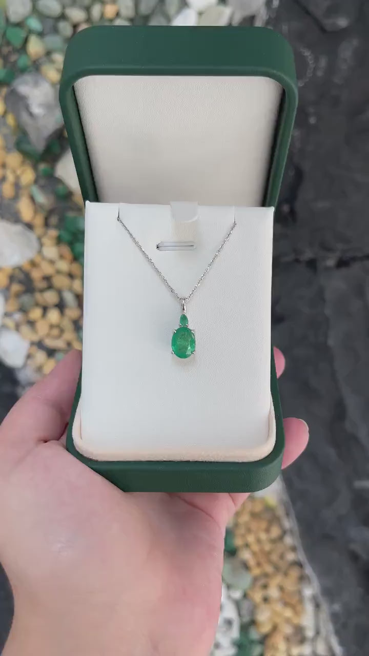 14K Natural Green Emerald Pendant Necklace with Oval & Pear Cuts - 2.85tcw