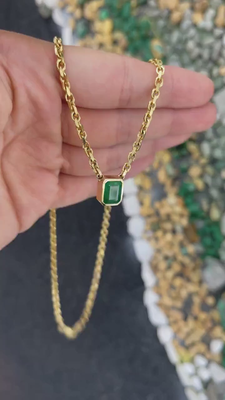 3.45ct 14K Gold Dark Green Natural Emerald Cut 3mm Anchor Chain Bezel Solitaire Necklace