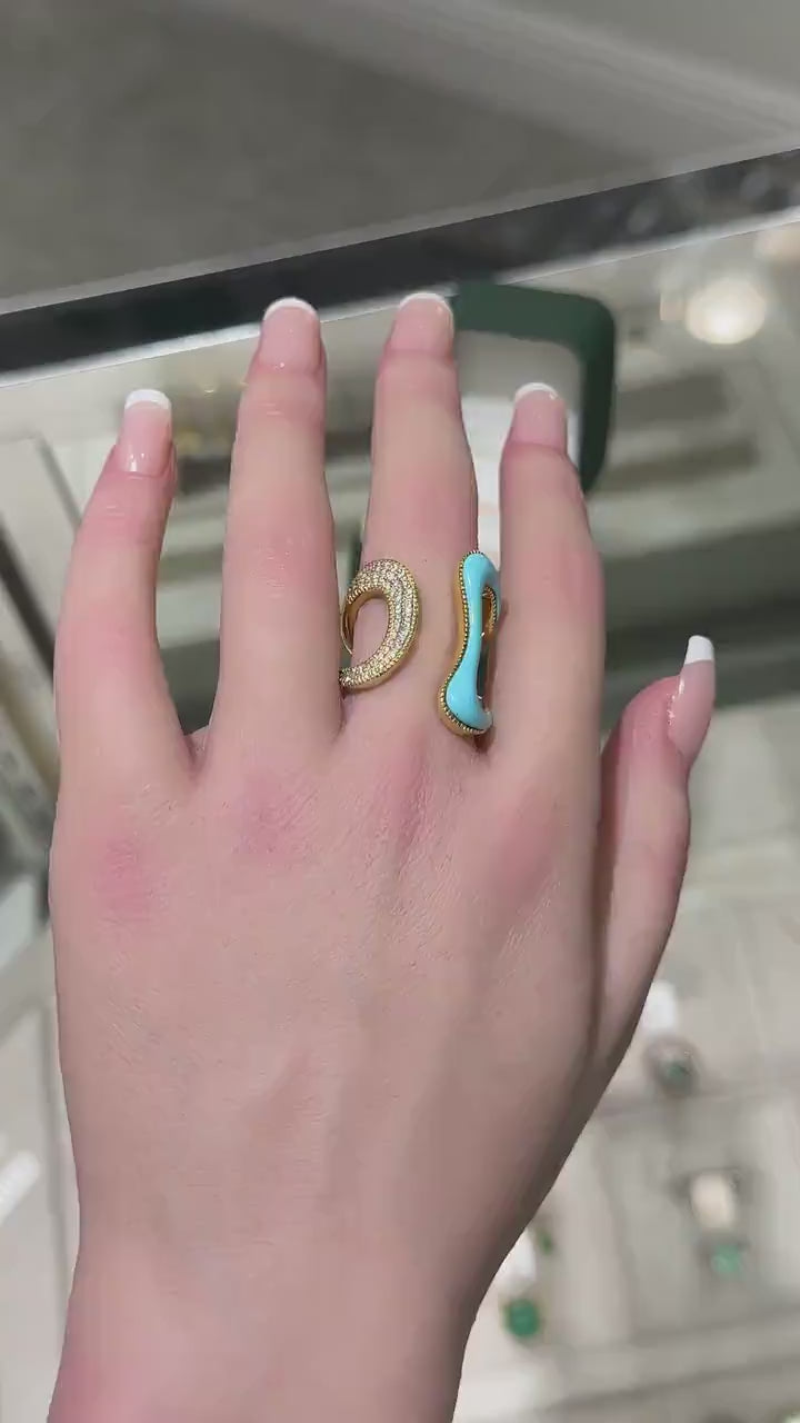 Brilliant Round Diamond and Turquoise Gold Statement Ring - 14K Pave Set