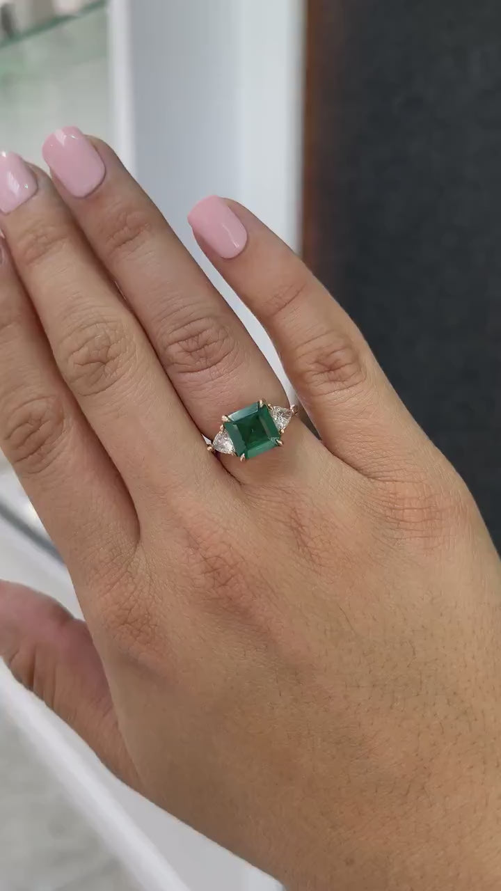 4.60tcw 14K Gold Natural Trillion Asscher Cut Emerald & Diamond Three Stone 585 Engagement Ring